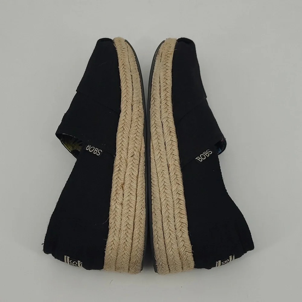 Skechers BOBS Women Black Canvas Espadrille Platform Slip On‎ Flats Memory Foam